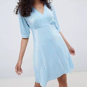 ASOS DESIGN Polka Dot Plisse Mini Tea Dress in Baby Blue